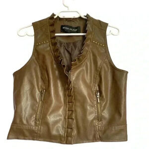River  Island brown lined vegan leather vest with front zipper and ruffles